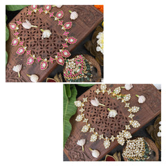 Vriksham Maanga Style Reversible Red White Kundan Jadau Neckpiece-Green Bead-J3306