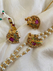 2 Layer Pearl High Neck Choker-Peacock -Red Green-G6022 - G6022 - vrikshamindia