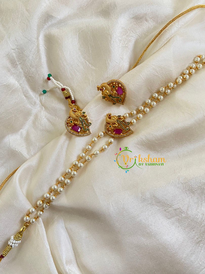 2 Layer Pearl High Neck Choker-Peacock -Red Green-G6022 - G6022 - vrikshamindia