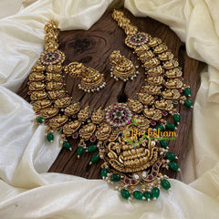 2 Layered Antique Temple Haram - Lakshmi Haram -Green Bead-G10459 - G10459 - vrikshamindia