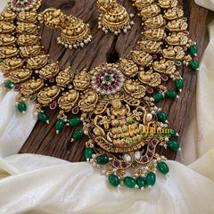 2 Layered Antique Temple Haram - Lakshmi Haram -Green Bead-G10459 - G10459 - vrikshamindia