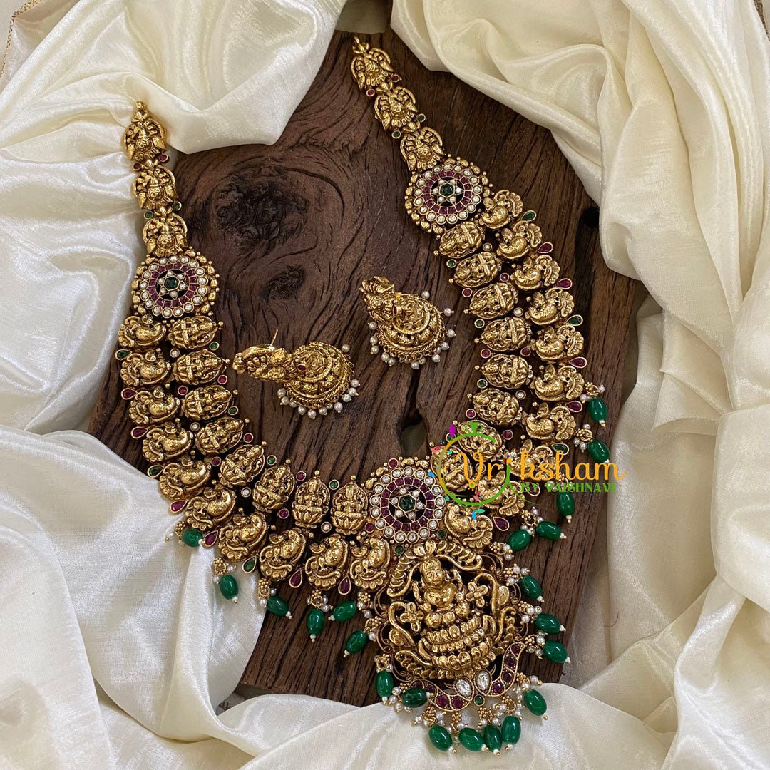 2 Layered Antique Temple Haram - Lakshmi Haram -Green Bead-G10459 - G10459 - vrikshamindia