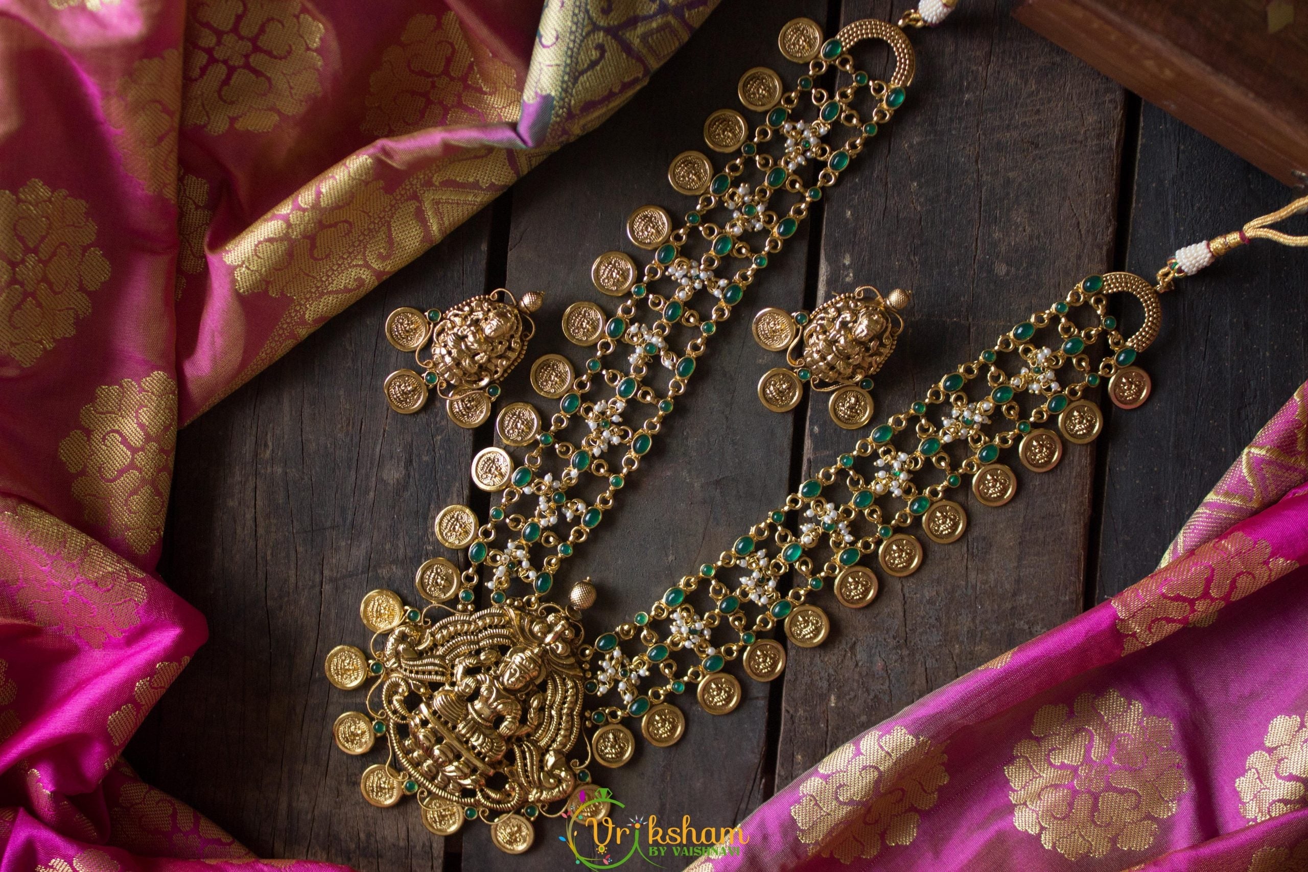 3 layer gold look alike coin haaram - Green-G719 - G719 - vrikshamindia