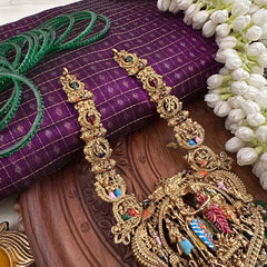 Vriksham Classic Antique Gold Perumal Kalynam Short Neckpiece-Green Bead & Pearls-G22335