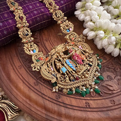 Vriksham Classic Antique Gold Perumal Kalynam Short Neckpiece-Green Bead & Pearls-G22335