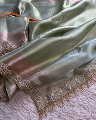 Vriksham Pista With Pearl Lace Katan Tanchoi Tissue Saree-VS4501