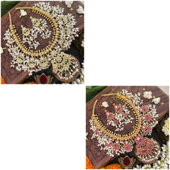 Vriksham Designer Red White 7 Pendant Kundan Jadau Reversible Guttapusalu Neckpiece-Rice Pearl-J3368