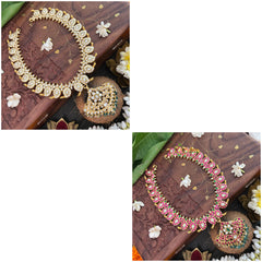 Vriksham Maanga Style Reversible Red White Kundan Jadau Neckpiece-Gold Bead-J3307