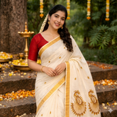 Kerala Kasavu Traditional Peacock Motif Embroidery Off-White & Gold Kerala Saree-Vriksham-VS5126