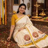 Kerala Kasavu Traditional Peacock Mural Red Blue Embroidery Cream & Gold Kerala Saree-Vriksham-VS5130