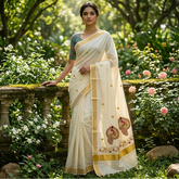 Kerala Kasavu Off-White & Gold Traditional Peacock Mural Embroidery Kerala Saree-Vriksham-VS5129