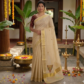Kerala Kasavu Saree With Traditional Temple Embroidery Cream & Gold Kerala Saree-Vriksham-VS5125