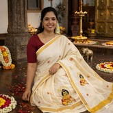 Kerala Kasavu Traditional Krishna Embroidery Off-White & Gold Kerala Saree-Vriksham-VS5132