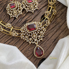 Victorian Diamond Hasli Choker Neckpiece -Red Pink - VV1373