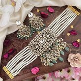 Premium Multilayer Pearl Victorian Diamond Choker-Aqua Green Beads-VV1453