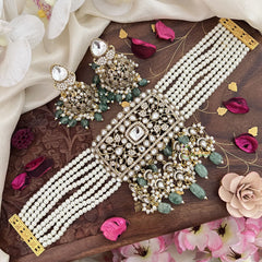 Premium Multilayer Pearl Victorian Diamond Choker-Aqua Green Beads-VV1453