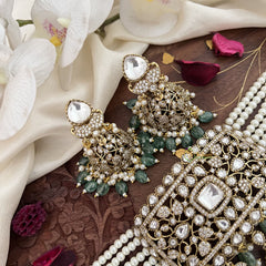 Premium Multilayer Pearl Victorian Diamond Choker-Aqua Green Beads-VV1453