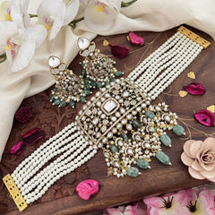 Premium Multilayer Pearl Victorian Diamond Choker-Aqua Green Beads-VV1453