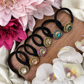Return Gift Designer Gemstone Embellished Hair Ties-Set of 6 Colorful Floral Hair Bands-H1142