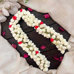 Vriksham Flower Classic Pink Mullai Poo Gajra & Red Rose Flower Accessories With Hair Clip-KH1262