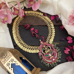 Vriksham Lakshmi Coin With Lakshmi Kundan Jadau Pendant Neckpiece-Pastel Green Beads-J2962