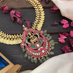 Vriksham Lakshmi Coin With Lakshmi Kundan Jadau Pendant Neckpiece-Pastel Green Beads-J2962