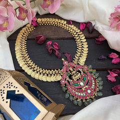 Vriksham Lakshmi Coin With Lakshmi Kundan Jadau Pendant Neckpiece-Pastel Green Beads-J2962