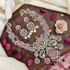 Unique Designer Multilayer Victorian Diamond Short Neckpiece-Pastel Pink Beads-VV1583