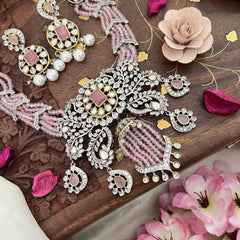 Unique Designer Multilayer Victorian Diamond Short Neckpiece-Pastel Pink Beads-VV1583