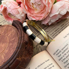 Vriksham Classic Checkerboard Black & Ivory Gold-Tone Enamel Openable Kada Bangle-G21859