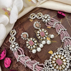 Unique Designer Multilayer Victorian Diamond Short Neckpiece-Pastel Pink Beads-VV1583