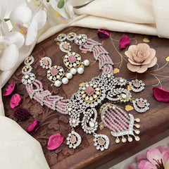 Unique Designer Multilayer Victorian Diamond Short Neckpiece-Pastel Pink Beads-VV1583