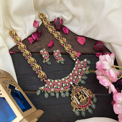 Vriksham Elegant Lakshmi With Dual Peacock Jadau Kundan Neckpiece-Pastel Green Bead-J2972