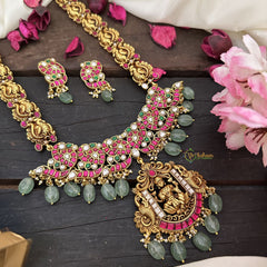 Vriksham Elegant Lakshmi With Dual Peacock Jadau Kundan Neckpiece-Pastel Green Bead-J2972