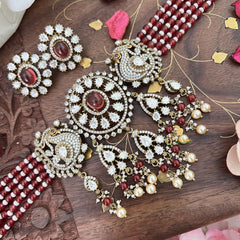 Multilayered Peacock Victorian Diamond High Neck Choker-Red-VV1904