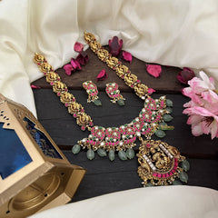 Vriksham Elegant Lakshmi With Dual Peacock Jadau Kundan Neckpiece-Pastel Green Bead-J2972