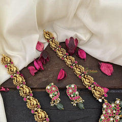 Vriksham Elegant Lakshmi With Dual Peacock Jadau Kundan Neckpiece-Pastel Green Bead-J2972