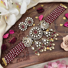 Multilayered Peacock Victorian Diamond High Neck Choker-Red-VV1904