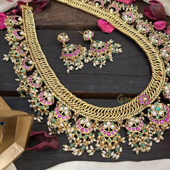 Vriksham Jalebi Style Coin Kundan Jadau Neckpiece-Pastel Green Bead-Rice Pearl-J2948
