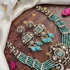 Royal Multilayer Victorian Diamond Pendant Choker-Aqua Green Beads-VV1586