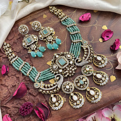 Royal Multilayer Victorian Diamond Pendant Choker-Aqua Green Beads-VV1586