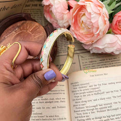 Vriksham Harlequin Diamond Pastel Cream Gold-Plated Enamel Openable Kada Bangle-G21854