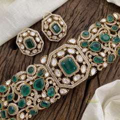 Premium Green Victorian Diamond High Neck Choker - VV1318