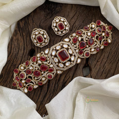 Premium Ruby Red Victorian Diamond High Neck Choker - VV1317