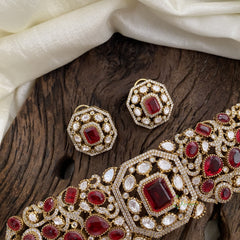 Premium Ruby Red Victorian Diamond High Neck Choker - VV1317