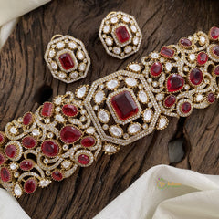 Premium Ruby Red Victorian Diamond High Neck Choker - VV1317