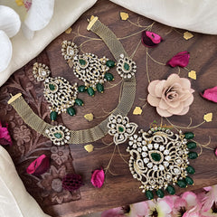 Duel Peacock Hasli Victorian Diamond Neckpiece-Green Beads-VV1936