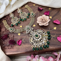 Duel Peacock Hasli Victorian Diamond Neckpiece-Green Beads-VV1936