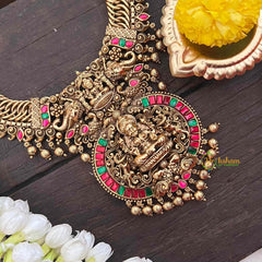 Vriksham Exquisite Jalebi Style Lakshmi Pendant Long Neckpiece-Red Green-Gold Bead-G21277