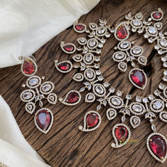 Premium Bridal Victorian Diamond Short Neckpiece - Redish Pink - VV1372